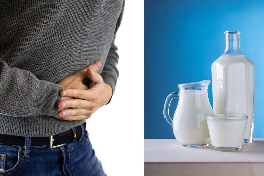 Collage Milchprodukte Person haelt Bauch fest
