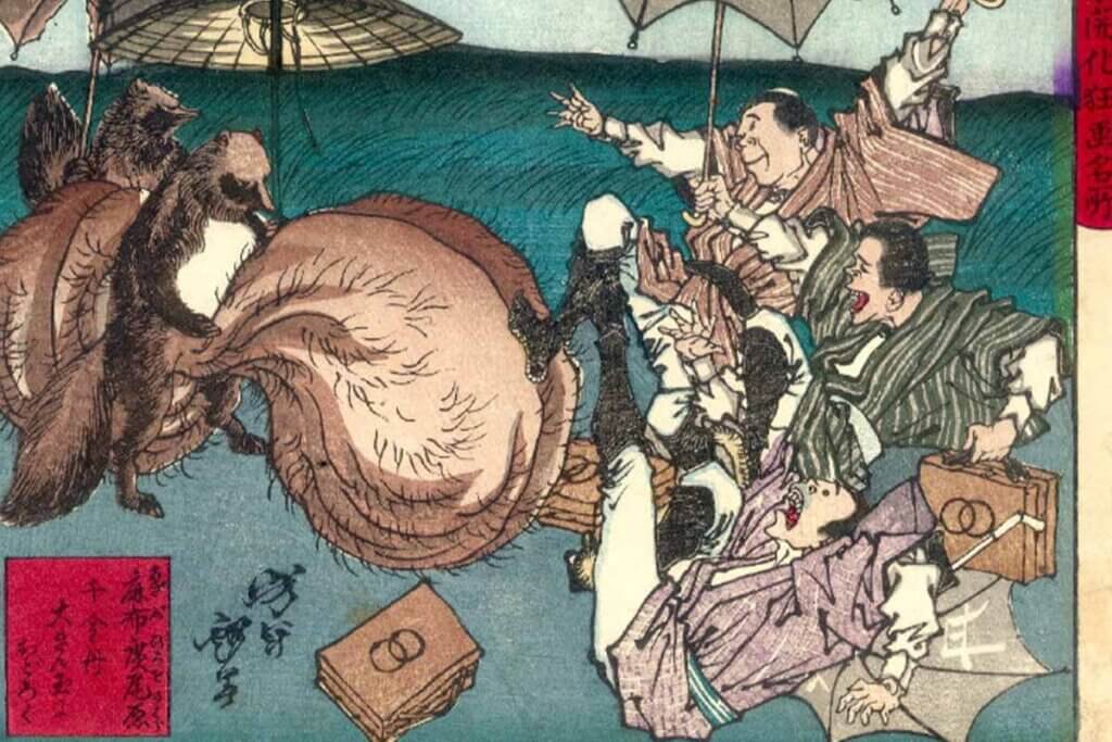Tanuki auf einem Druck von Yoshitoshi (1881). Die Abbildung zeigt deutlich die für traditionelle Tanuki-Darstellungen typischen überdimensionierten Hoden.