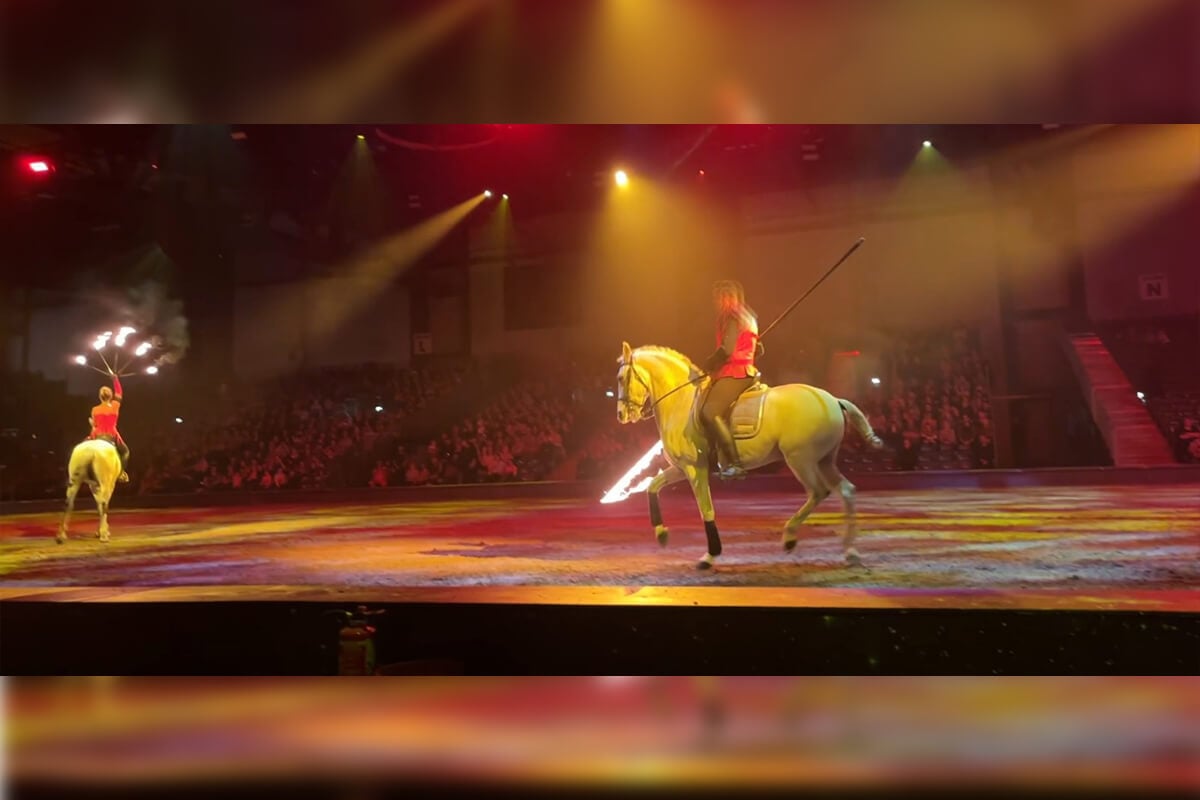 Pferde in der Manege: Die Reiter haben angezündete Objekte und schwingen diese in während dem Reiter in der Nähe der Pferde.