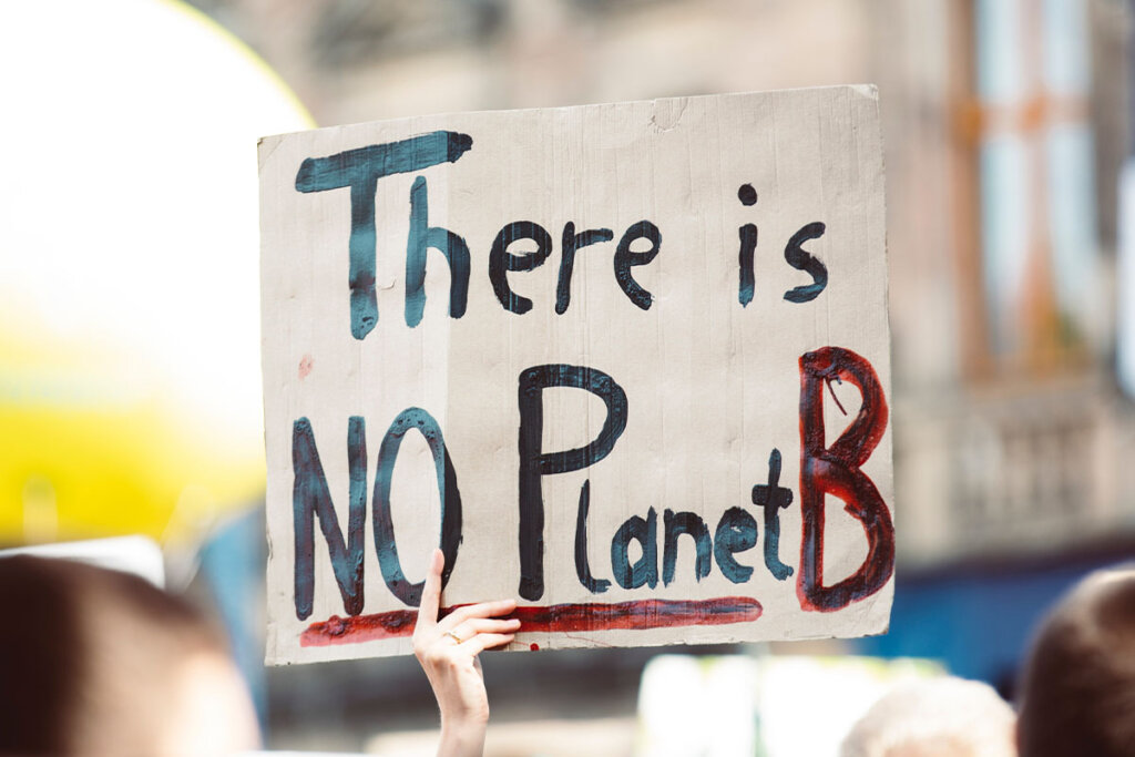 Eine Person haelt ein Plakat hoch auf dem steht: There is no planet B.