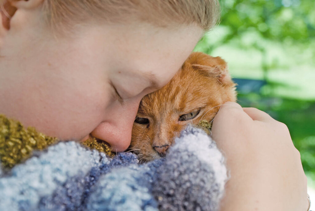 Kind kuschelt mit Katze