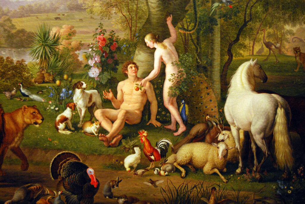 Gemälde der Schöpfung mit Adam, Eva und Tieren