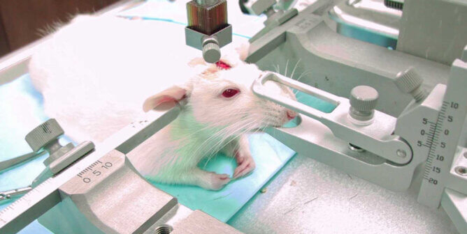 Ratte wird im Tierversuch abgemessen