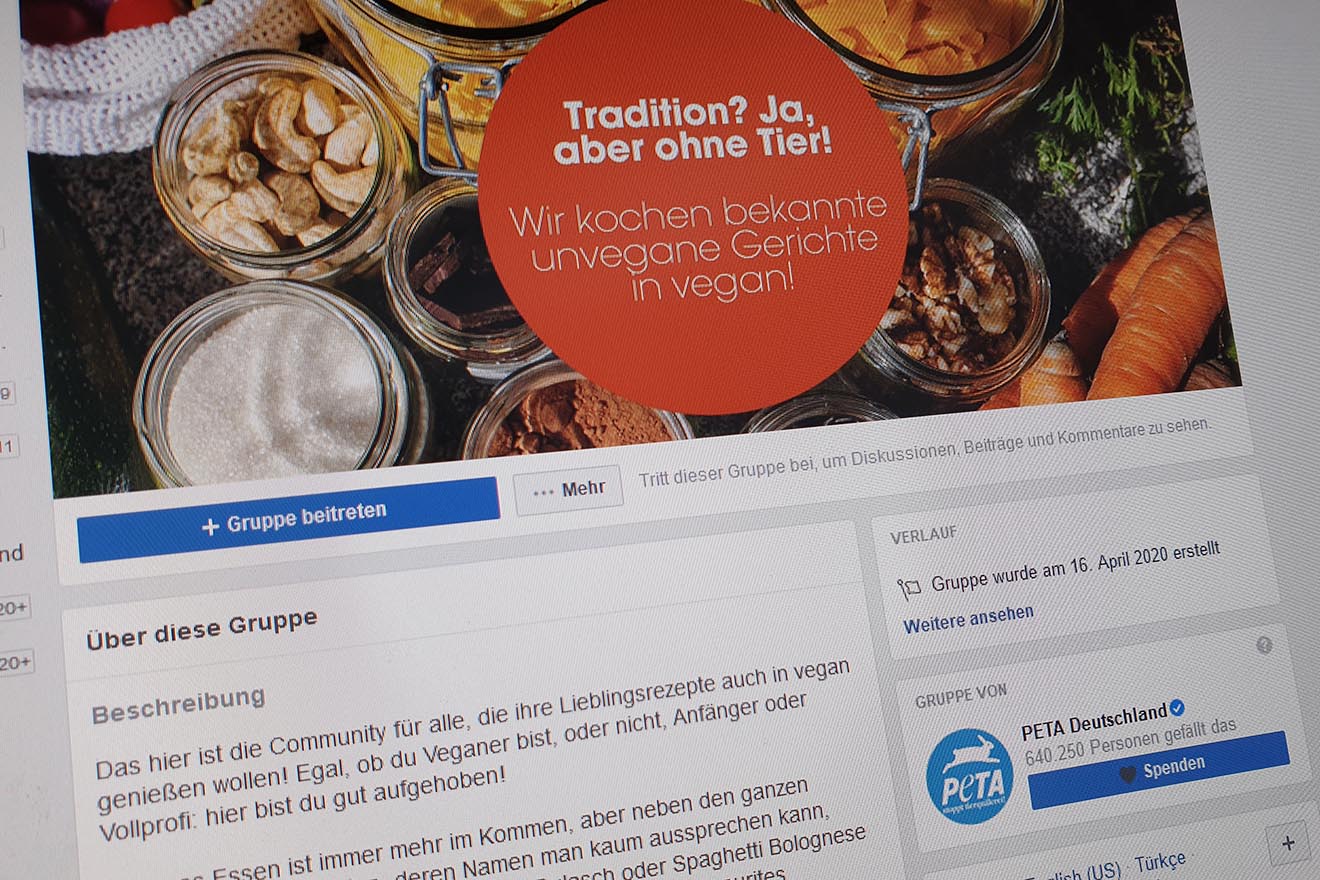 Neue Facebook-Gruppe von PETA: „Rezepte in vegan – einfach Rezepte veganisieren“