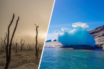 Collage abgebrannter Wald und Eisscholle