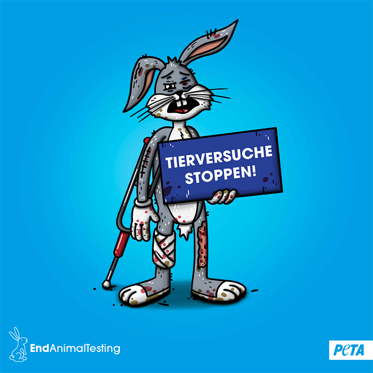 Zeichnung. Bugs Bunny mit Krueken und Schild gegen Tierversuche