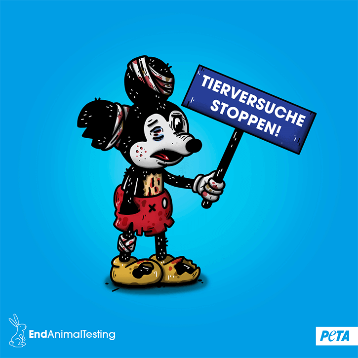 Zeichnung. Mickey Mouse mit Verletzungen und Schild gegen Tierversuche