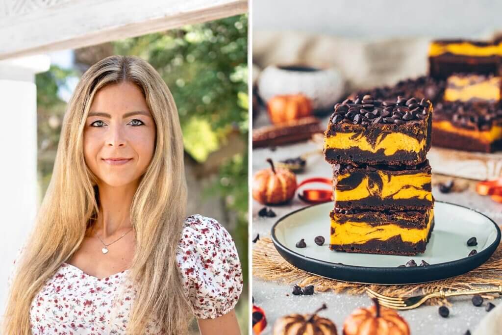 Collage. Bianca Zapatka. Vegane Kuerbis Cheescakes auf einem Teller