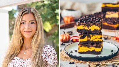 Collage. Bianca Zapatka. Vegane Kuerbis Cheescakes auf einem Teller