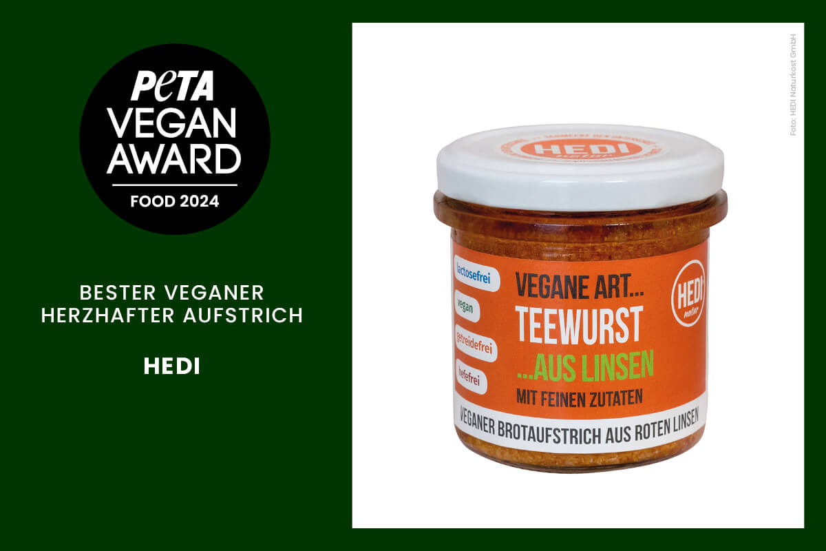 PETA Vegan Award Food Backwaren, Pflanzendrin, Aufstrich, Cerealien Hedi