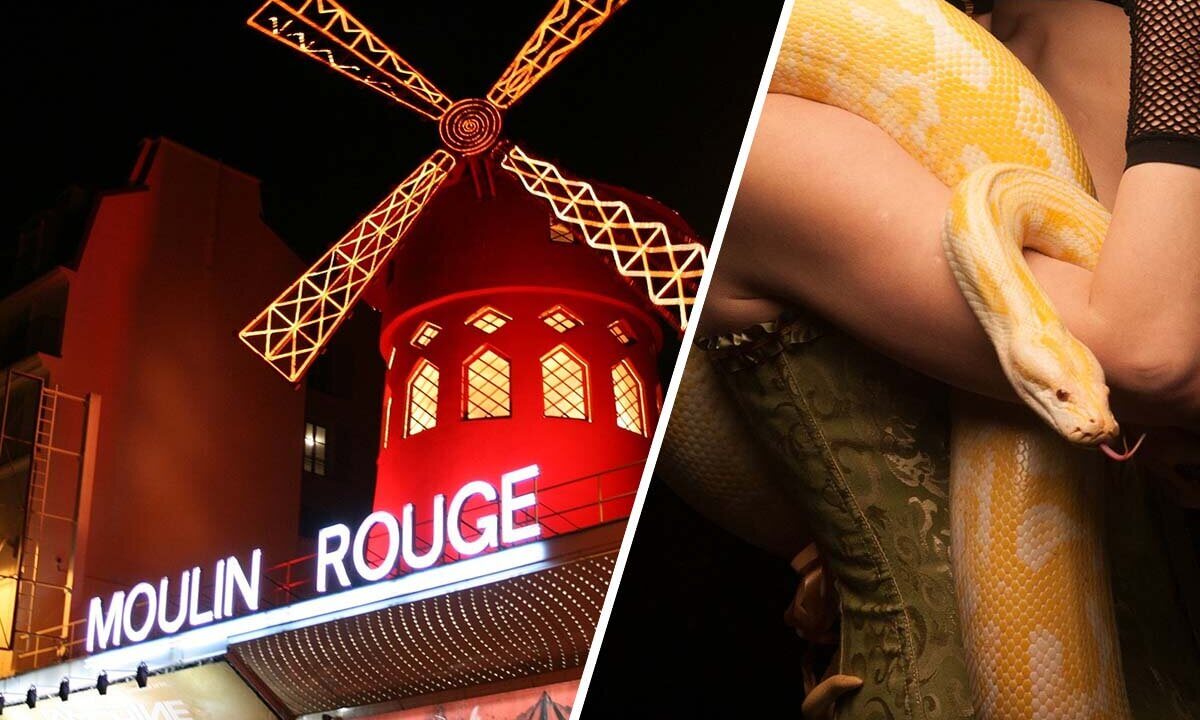 Collage: Links Moulin Rouge Eingang mit roter Windmuehle auf dem Dach. Rechts Frau mit gelber Python im Arm.