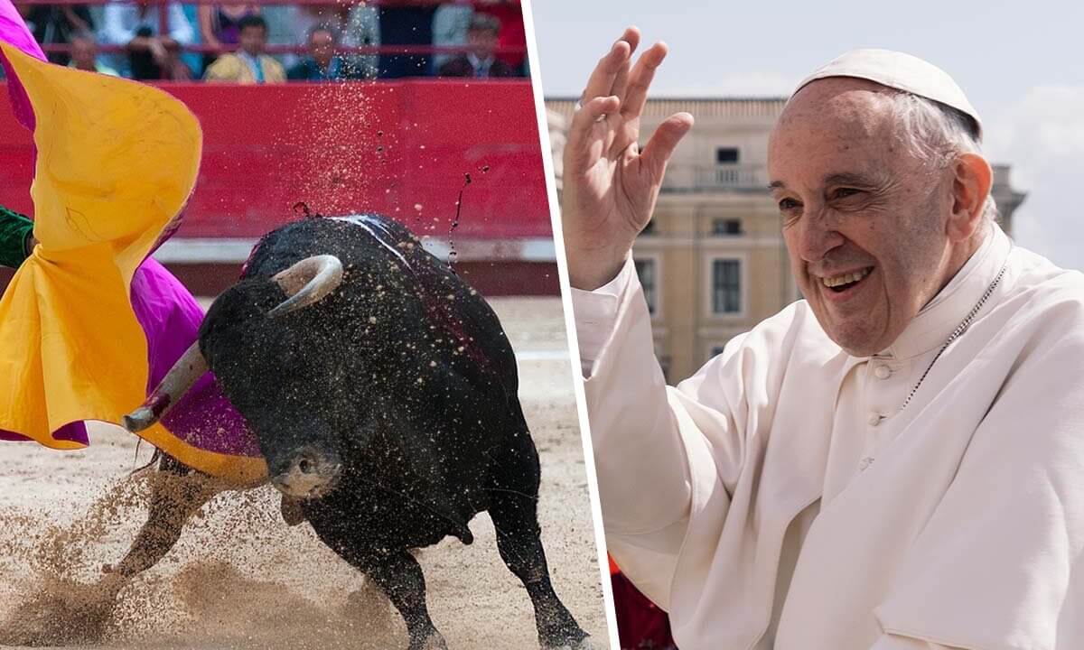 Collage. Links: Ein Stier kaempft gegen einen Matador. Rechts: Papst Franziskus winkt.