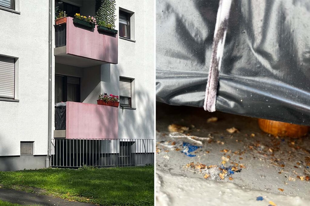 Verdreckter Balkon an einem Mehrfamilienhaus.