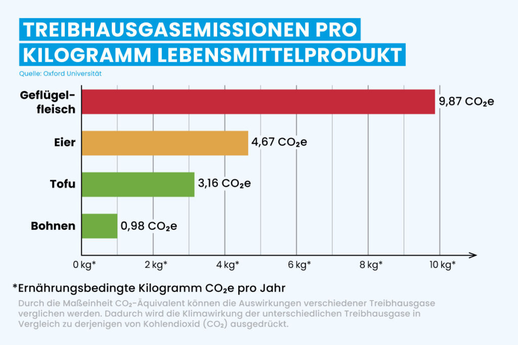 Infografik. Vergleich Treibhausgasemissionen von Produkten.