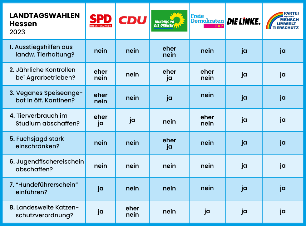 Grafik. Tabelle zu den Wahlpruefsteinen zur Landtagswahl Hessen.