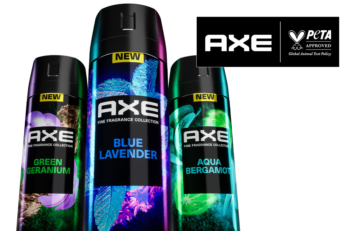 Axe Dosen auf weissem Hintergrund und PETAs Logo für tierversuchsfreie Produkte.