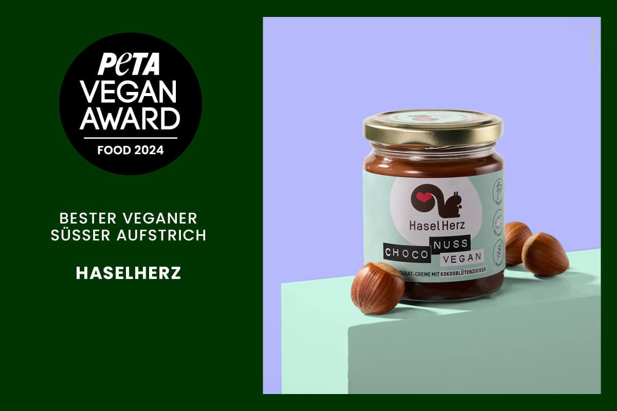 PETA Vegan Award Food Backwaren, Pflanzendrin, Aufstrich, Cerealien Haselherz