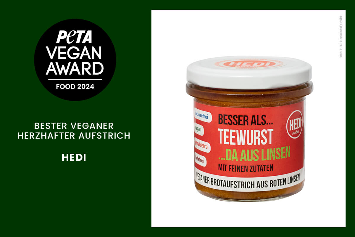 PETA Vegan Award Food Backwaren, Pflanzendrin, Aufstrich, Cerealien Hedi