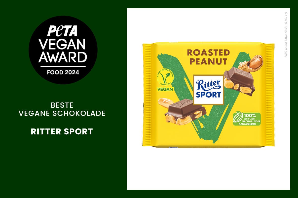 PETA Vegan Award Food Snacks, Riegel, Schokolade, Pralinen Ritter Sport