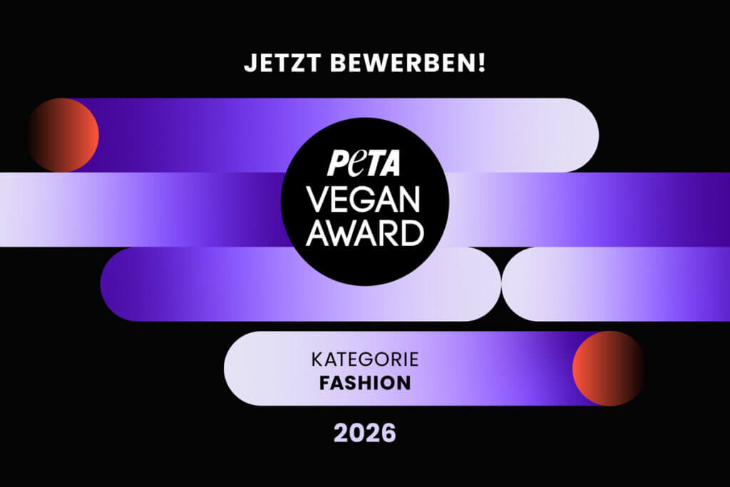 Grafik mit Peta Vegan Award Logo zur Aufforderung sich im Bereich Fashion zu bewerben