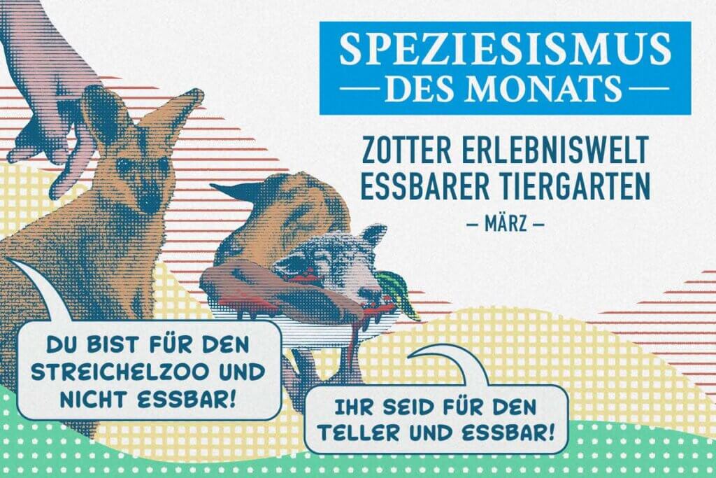 Grafik zum Speziesismus des Monats im Zeitungsstil mit Comic Känguru und einem Teller mit toten Tieren