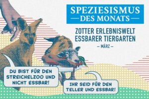 Grafik zum Speziesismus des Monats im Zeitungsstil mit Comic Känguru und einem Teller mit toten Tieren