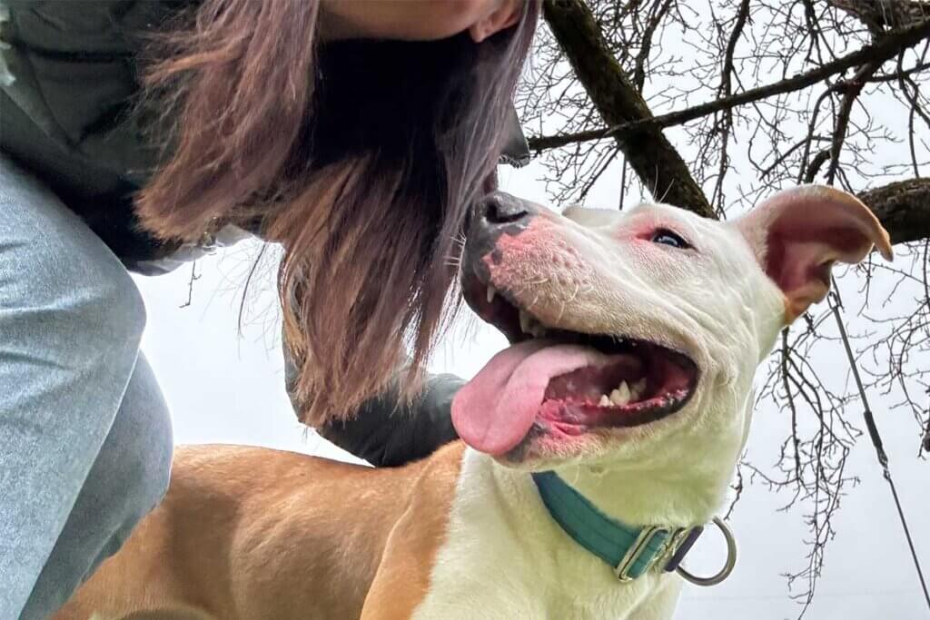 Geretteter Hund Fina in Freiheit mit einer ihrer Retterin Jana Hoger