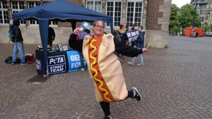 PETA Stand auf einem Platz. Person im Hot Dog-Kostüm.