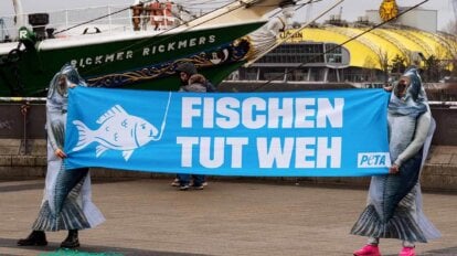 Aktion zum Welttag für das Ende der Fischerei vor einem Schiff im Hafen.