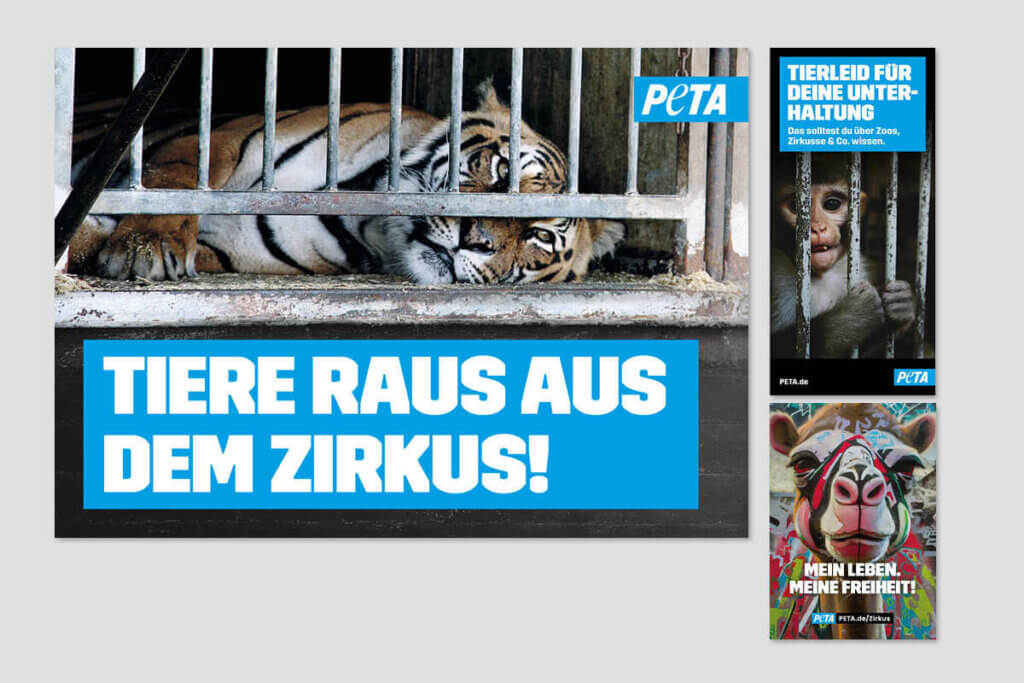 PETA DEMOPAKET mit Plakaten und Flyern zu Zirkussen mit Tigermotiv