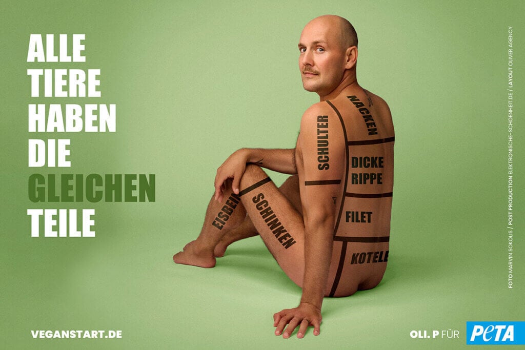 PETA-Motiv mit Oli.P: Alle Tiere haben gleiche Teile.