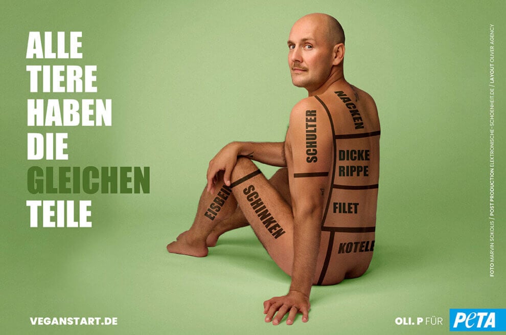 PETA-Motiv mit Oli.P: Alle Tiere haben gleiche Teile.