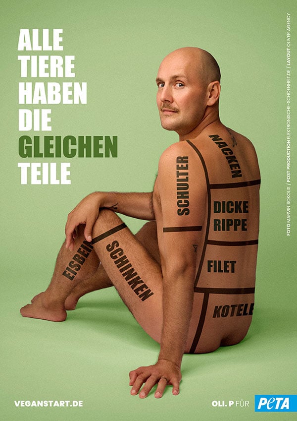 PETA-Motiv mit Oli.P: Alle Tiere haben gleiche Teile.