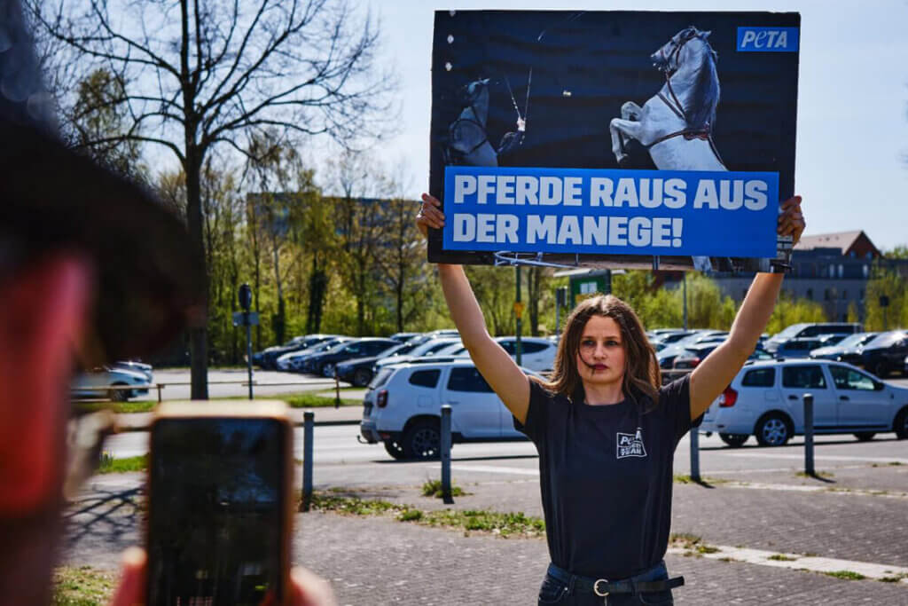 Perosn hebt Schild mit Aufschrift "Tiere raus aus der Manege" hoch und wird fotografiert